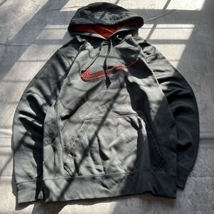 NIKE Therma-Fit Hoodie Center Swoosh Gray Orange Kangaroo Pocket Men Size S